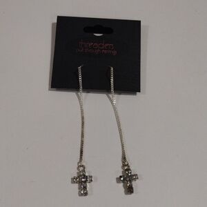 Threaders Silver tone Cross Pull Through 3-in Earrings - Women's Fashion Jewelry